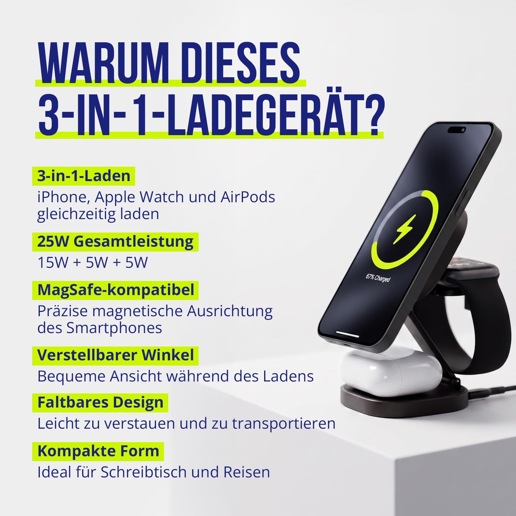 Caricabatterie 3 in 1 da 25 W, stazione di ricarica wireless pieghevole per iPhone, Apple Watch e AirPods, mini supporto di ricarica wireless con LED e USB-C, compatibile con Qi e MagSafe