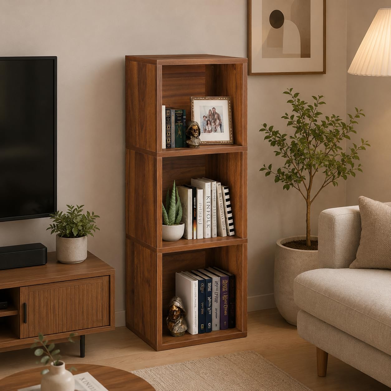 3 Cube Storage Organizer Wooden Bookshelf, 3 Cube Shelf Bookcase, Small Bookshelf Storage Organizer, 3 Cube Storage Shelf for Bedroom, Small Bookshelf for Living Room and Office (Brown, 3)