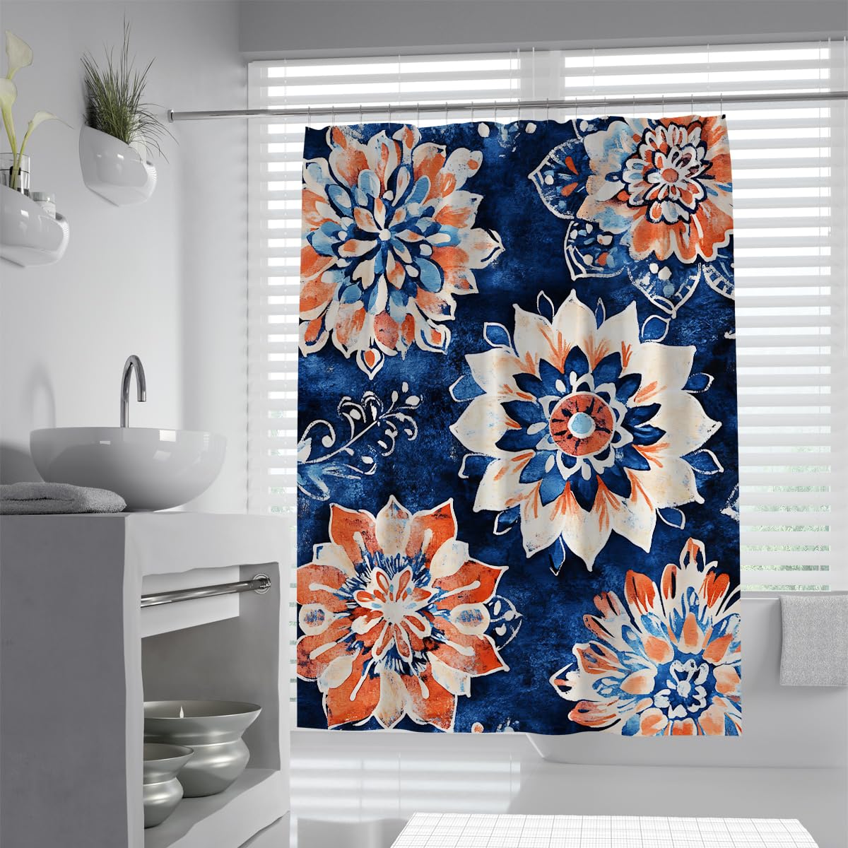 UERWOWELL Vibrant Floral Shower Curtain Layered Petal Pattern Fabric Bath Curtains Orange and Blue Boho Bathroom Decor Water Resistant Quick Dry W150xL180 cm