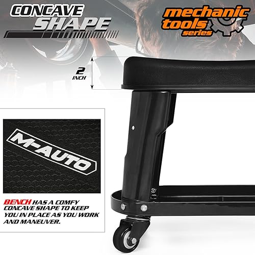 Miniatura 5 de M-AUTO Asiento de trabajo rodante de garaje resistente, taburete mecánico de capacidad de 300 libras con ruedas, bandeja para equipos y estante de