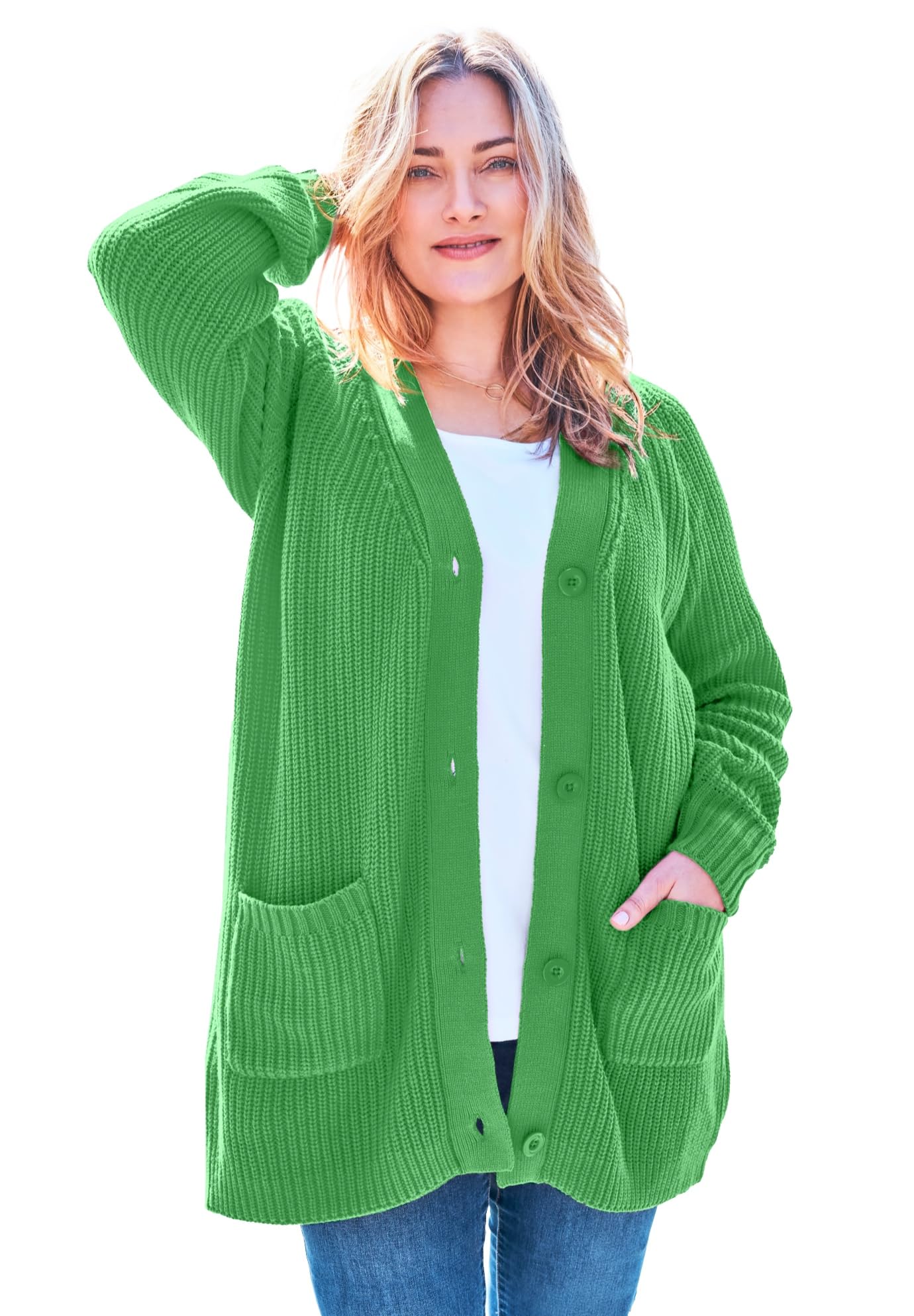 Woman Within Plus Size Button-Front Shaker Cardigan