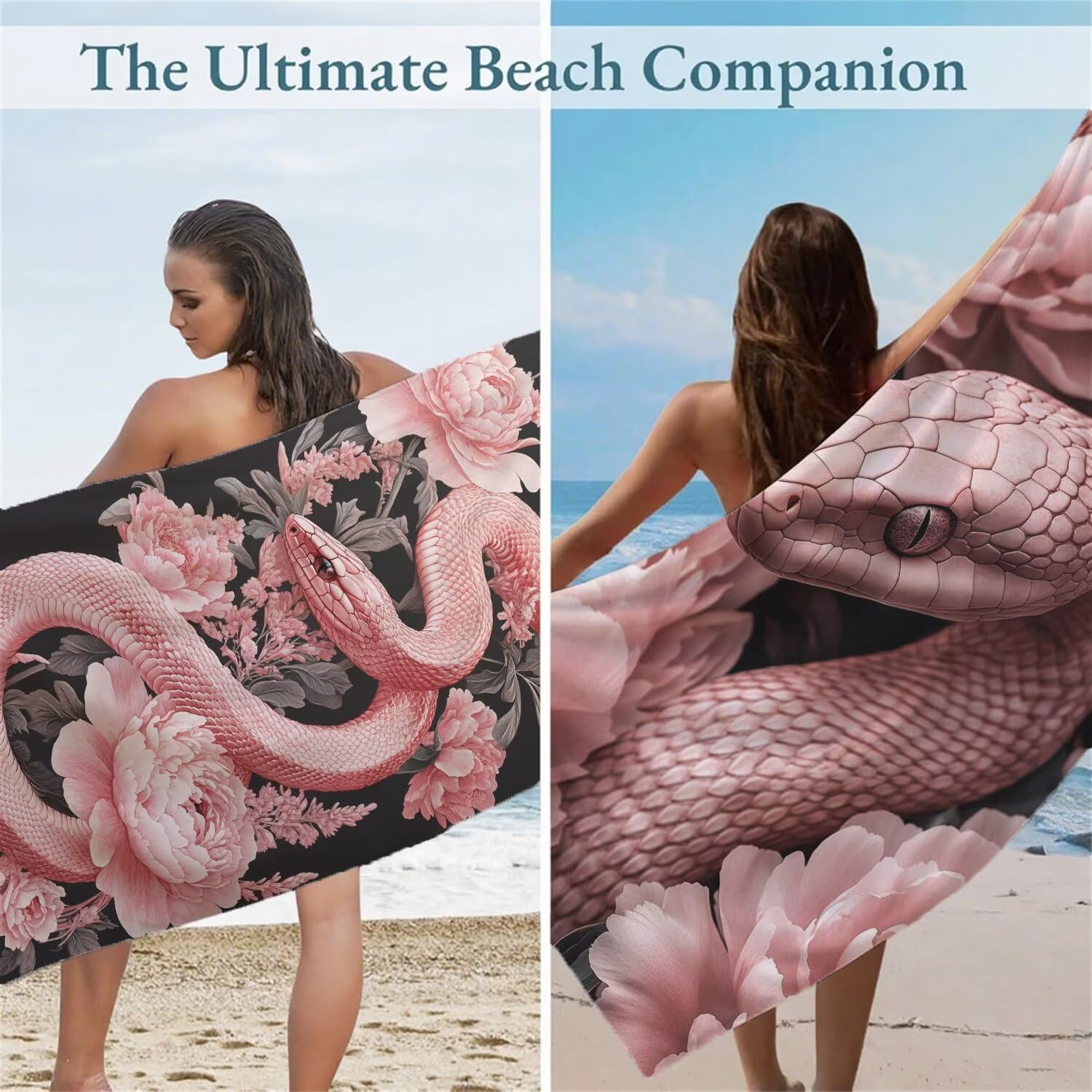 Ręcznik plażowy z mikrofibry, motyw węża, ręcznik plażowy, różowy, 220 x 100 cm, 2 sztuki, unikalna konstrukcja zatrzaskowa, bez piasku, szybkoschnący, lekki, podróżny ręcznik z torbą na basen, do