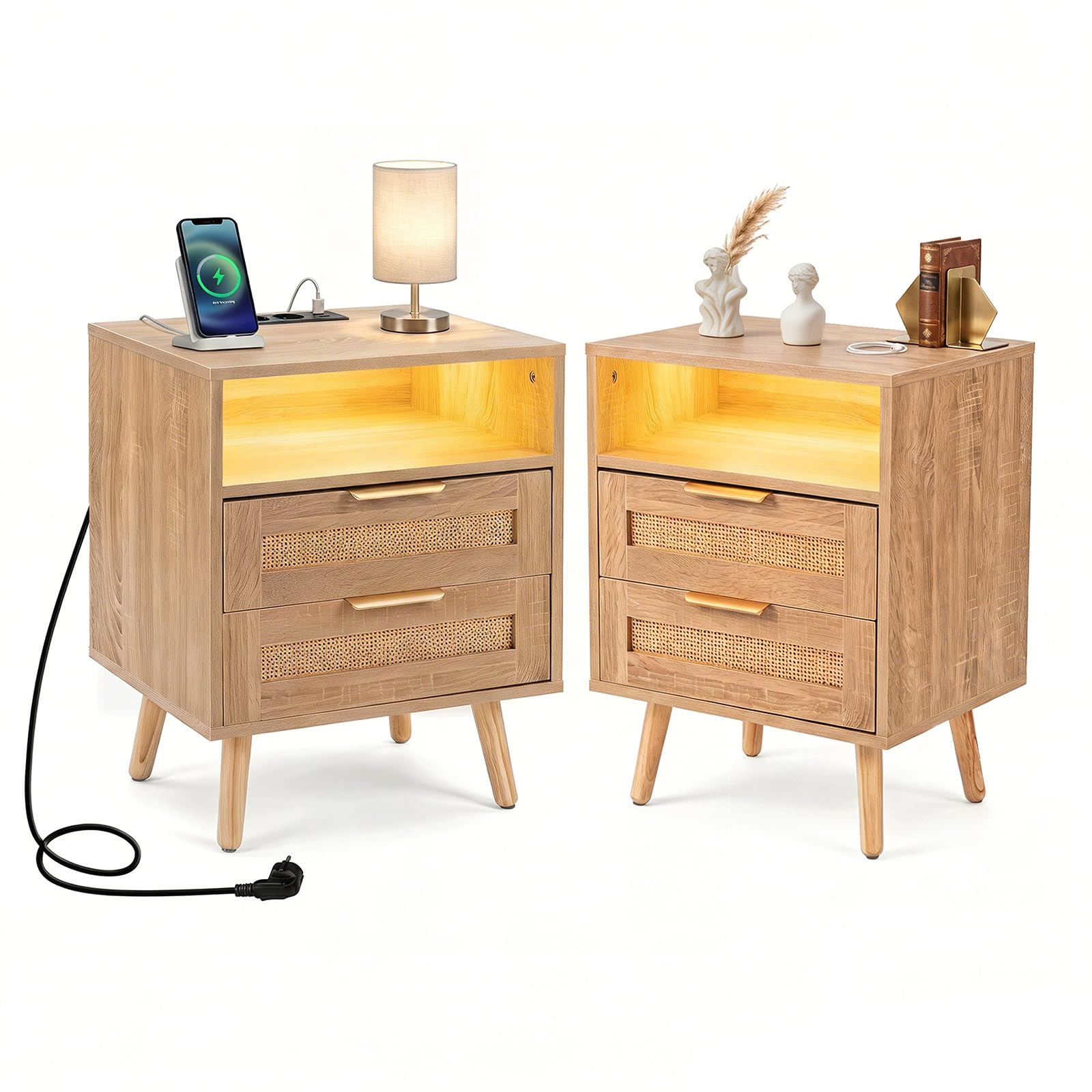 COSTWAY 2er Set Nachttisch mit Ladestation & LED-Leuchten, Holz Nachtkommode mit 2 Schubladen, Beistelltisch mit Rattan-Optik, Nachtschrank mit Fernbedienung, für Schlafzimmer， Wohnzimmer, Natur