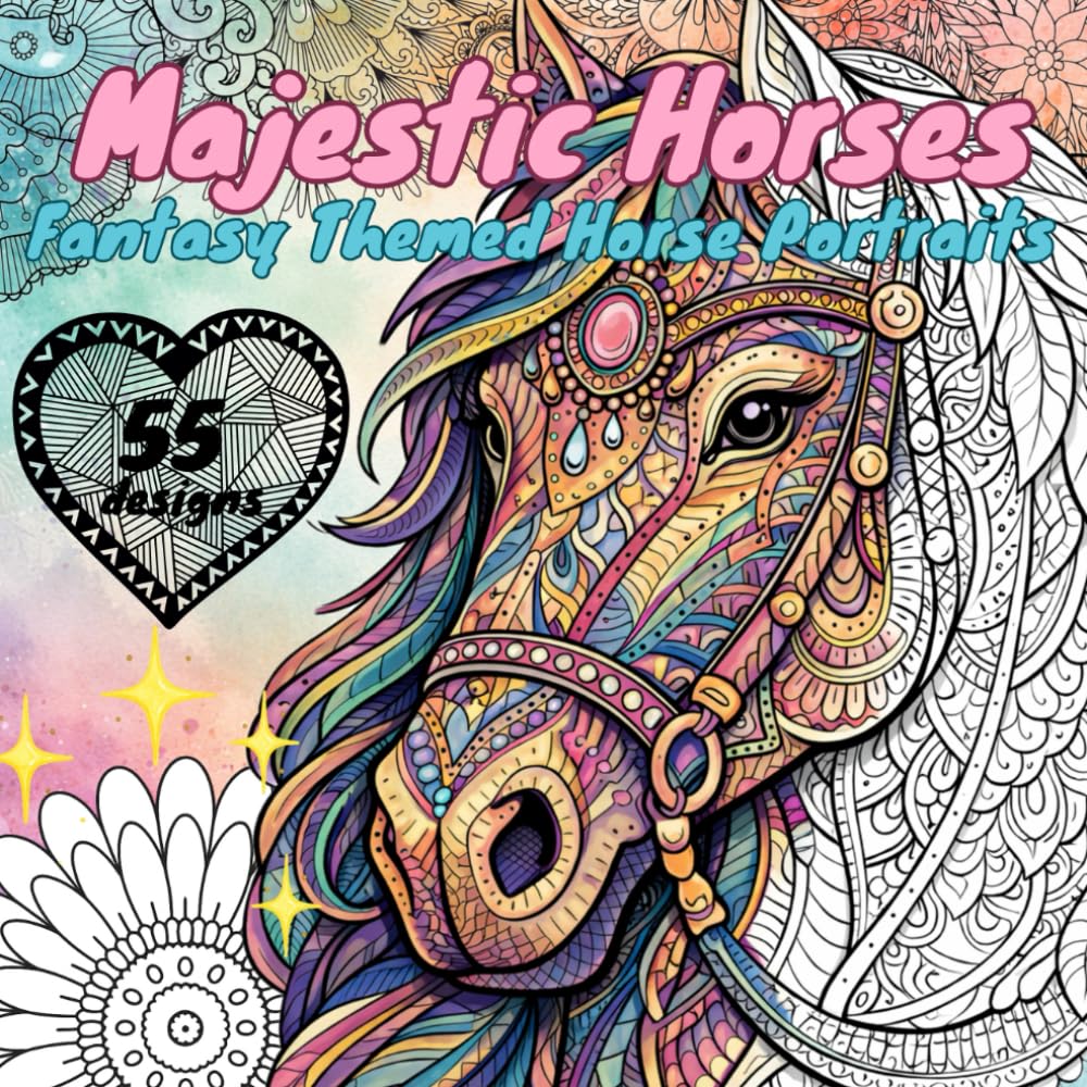 Majestic Horses - Fantasy Themed Horse Portraits: 55 Magical and Whimsical Coloring in Pages for Horse Lovers of All Ages - Creating Instant Calm