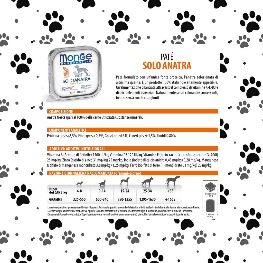 Monge Monoprotein umido cane gusto SOLO ANATRA formula grainfree | 12 vaschette da 150 grammi l'una.