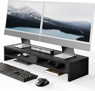 Fenge Monitor Stand, 31.5 Inch Computer Monitor Riser for Desk, 2 Tiers Wood Desk Shelf with Storage, Desktop Organizer for PC, Laptop, Screen, Printer