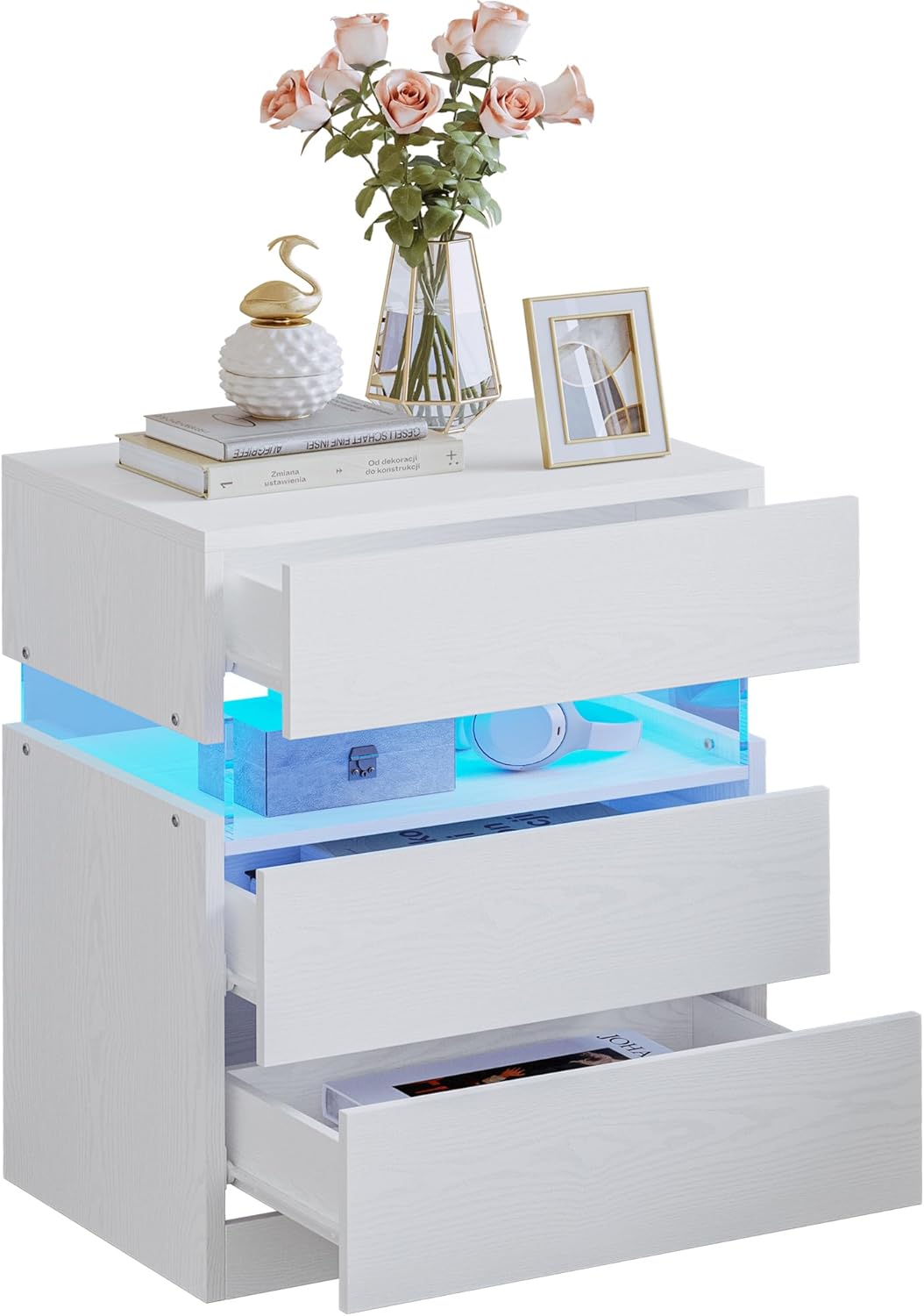 IRONCK Mesita de noche, mesita de noche con luz LED y cajones, moderna mesita de noche con almacenamiento, mesa auxiliar para dormitorio, color