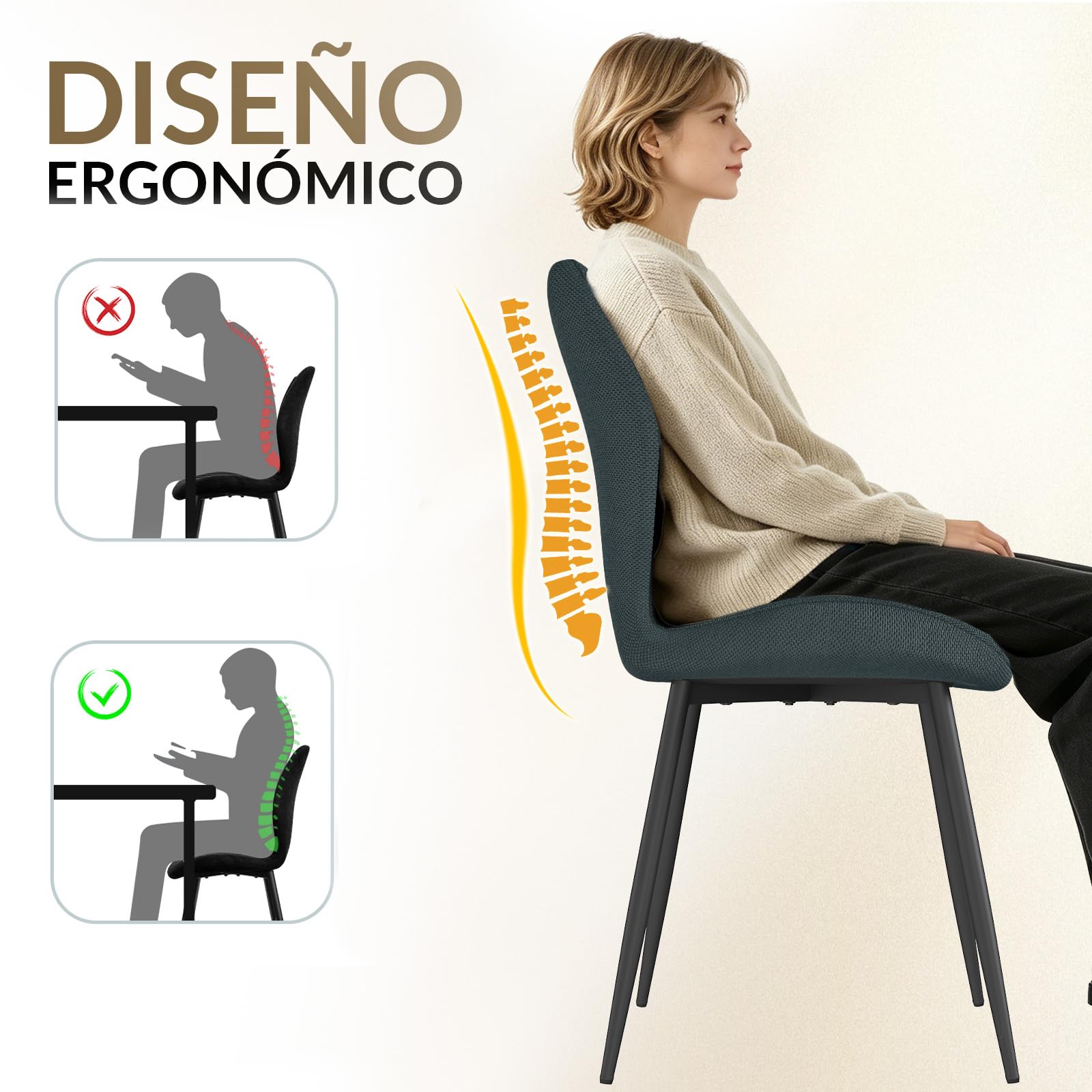 JIJIAN Pack de 6 Sillas de Comedor, Sillas de Cocina, Silla Tapizada, Silla de Salón, Respaldo de Tela y Patas de Metal, Ideal para Comedores, Cocinas y Salones, Gris Oscuro