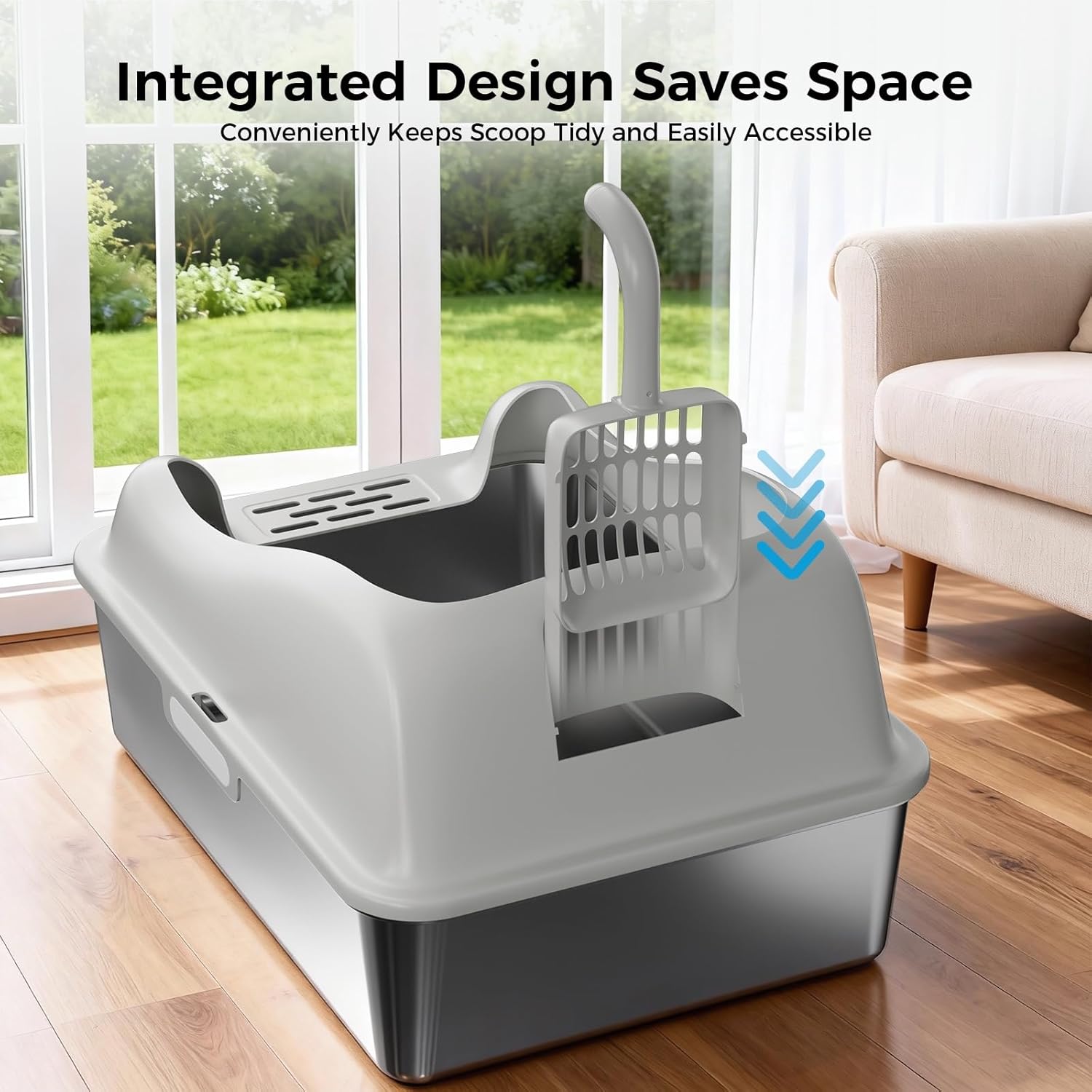 GTPLAYER Stainless Steel Litter Box for Big & Multiple Cats, Easy Clean Odor-Resistant Design, High Sided Leak-Proof Litter Box with Mat & Scoop, Light Gray