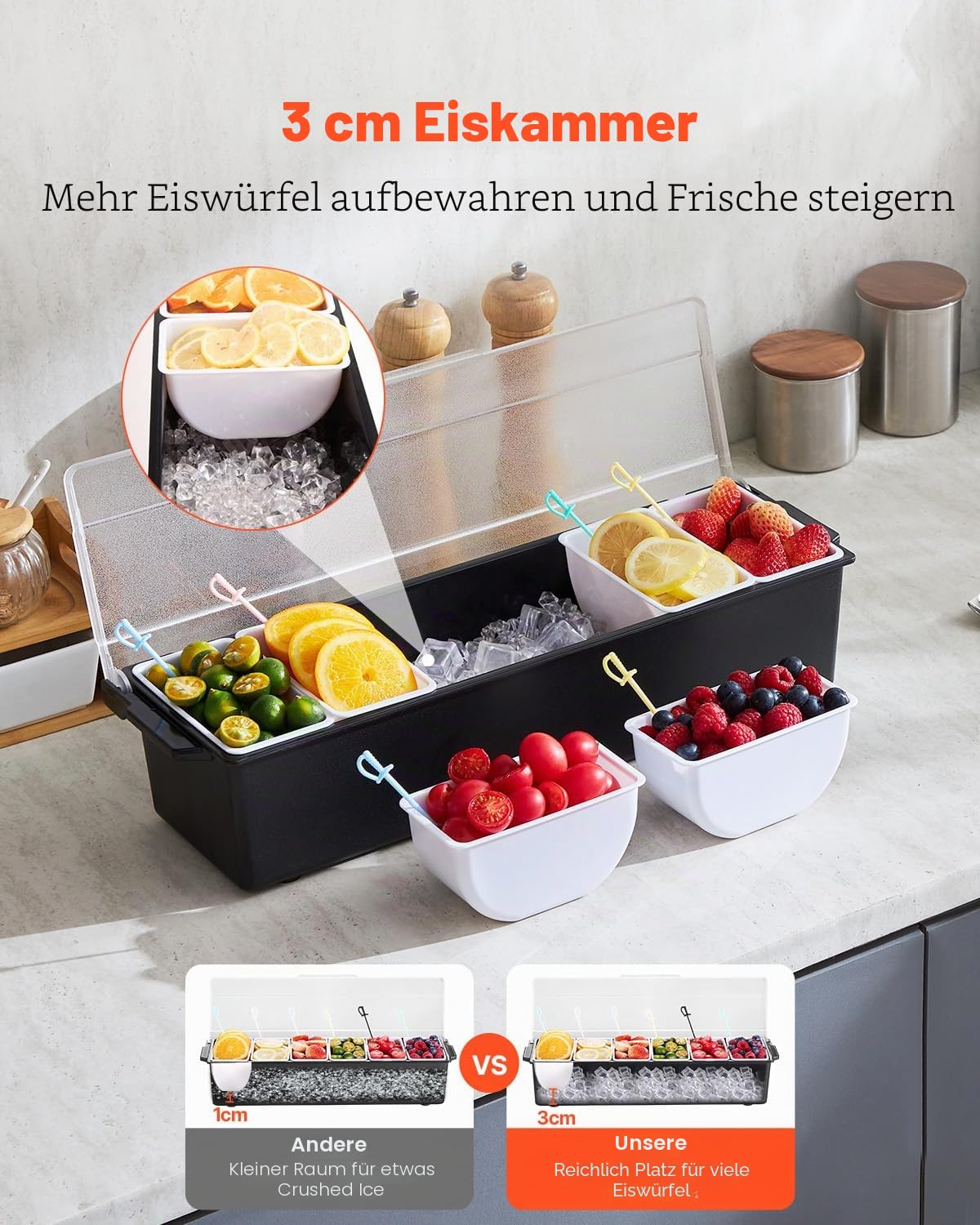 VEVOR gekühlter Gewürzbehälter Zutatenbehälter mit 6 Fächern (500 ml x 6) Präsentationsständer mit Deckel Pizzastation Pizza Belagstation Obstschachtel Servieren von Tacos Salat Obst