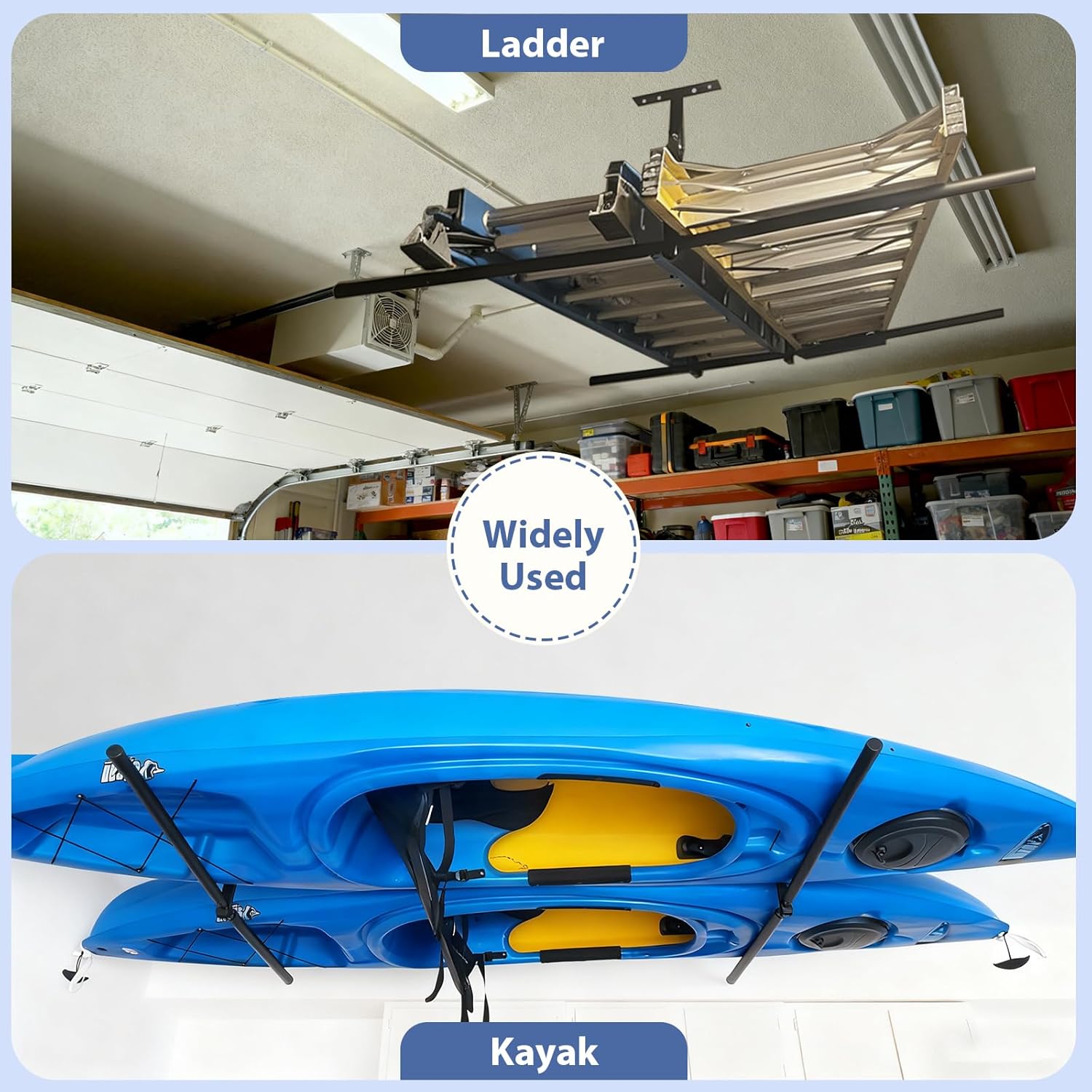 Double Kayak/Ladder Ceiling Storage Rack, 10"-18" Adjustable Ceiling Rack, 30" Bar Length Holds 200 lbs Ideal for Kayak, Ladder, Surfboard, Snow boar Overhead Hanger (Double Side)
