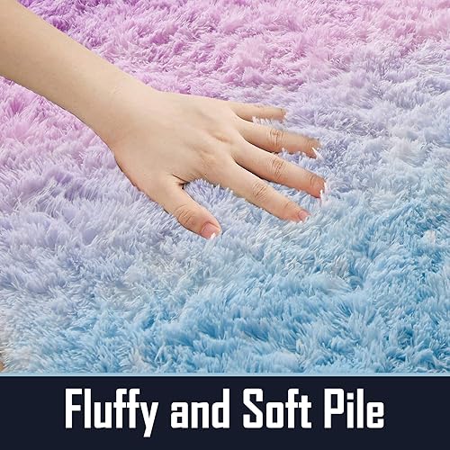 Miniatura 7 de A Nice Night Alfombra de piel sintética lanuda y esponjosa, con estampado de estrellas y purpurina de teñido anudado azul y morado, suave, lujosa