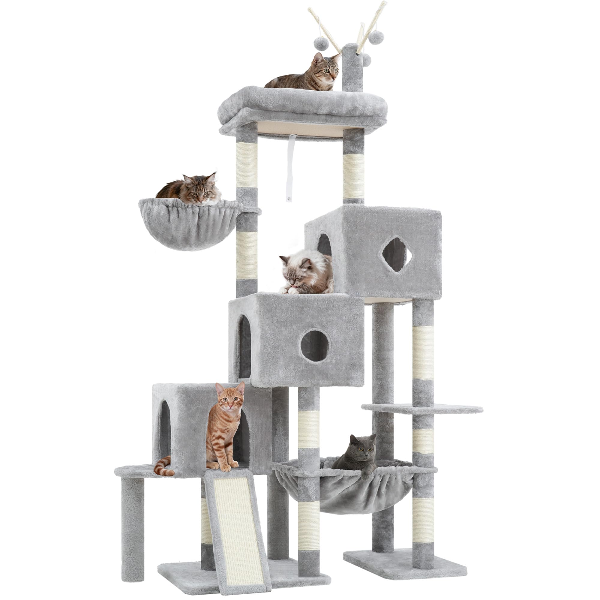 Hey-brother Albero per Gatti, 160 cm Tiragraffi per Gatti, con 3 cucce, amaca grande, piattaforma superiore spaziosa e pannelli in iuta naturale, Arredamento interno per gatti, grigio chiaro MPJ081W