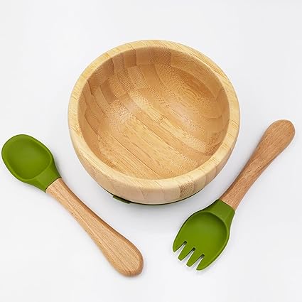 Kradyl Kroft Baby Kids Feeding Bamboo Silicone Bowl and Wooden Handle Spoon, Babies and Toddler Bowl & Spoon Set, Unbreakable Silicone Non-Slip Suction (Bamboo Green)