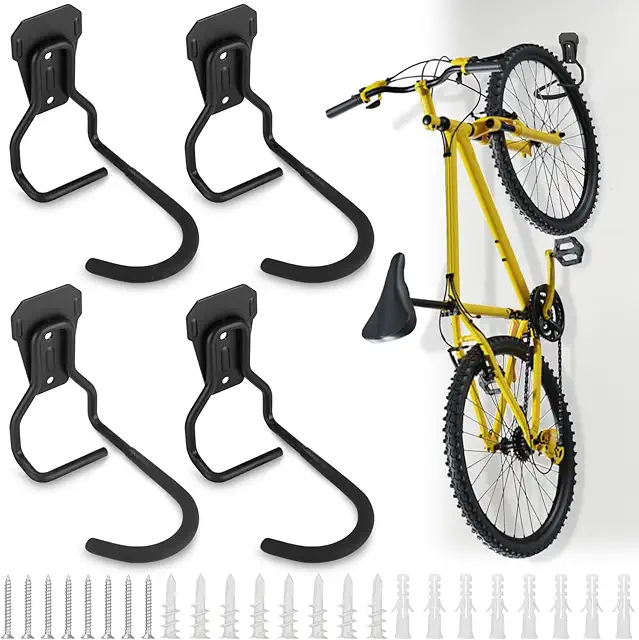Lot de 4 Crochets Vélo Muraux Noir - Support Rangement Robuste pour Garage