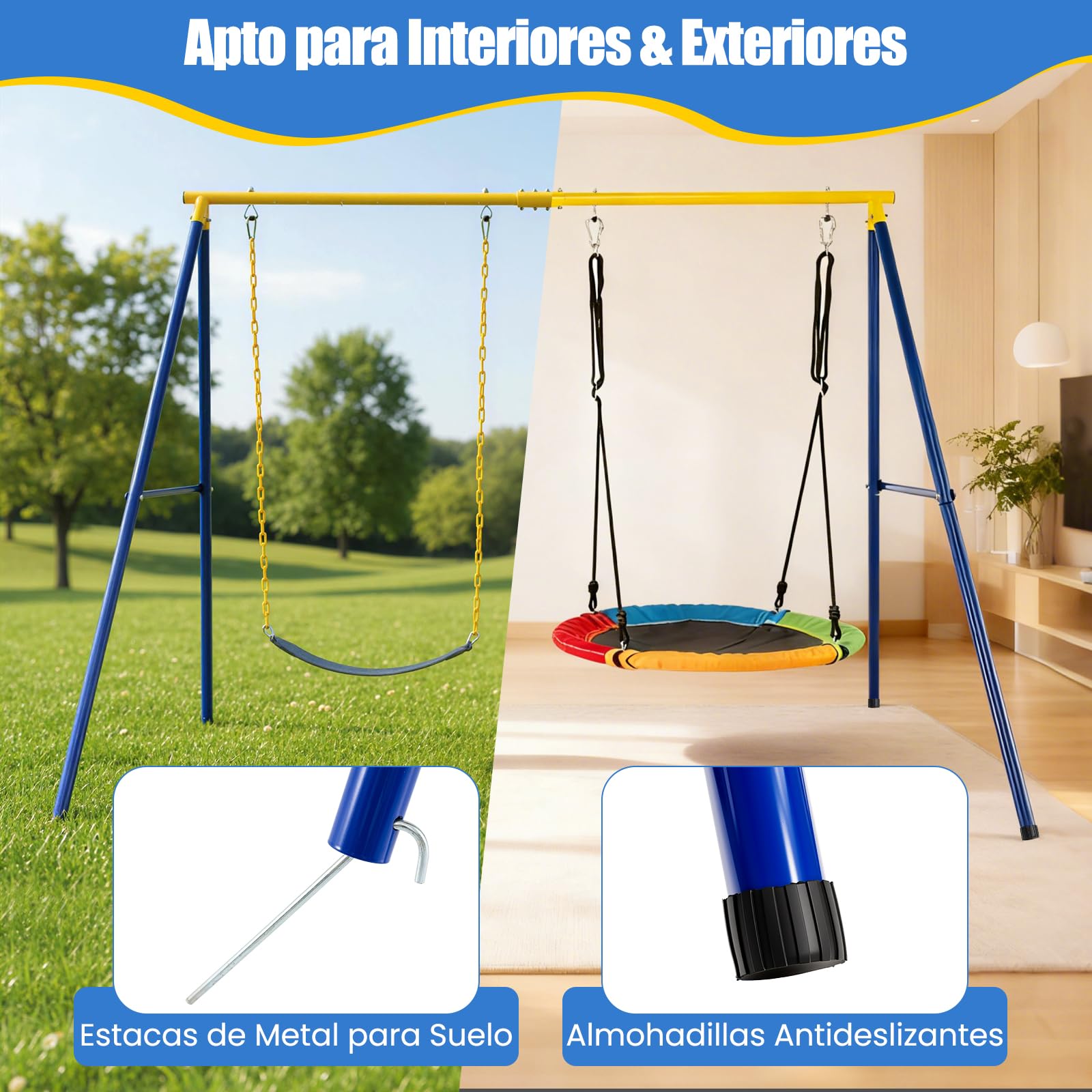 COSTWAY Estructura Resistente para Columpio hasta 300 kg, Estructura en Acero con Forma de A para Columpio con Palos, Mosquetón y Cobertura en los Pies, Parque Infantil Jardín Parque (Estructura)