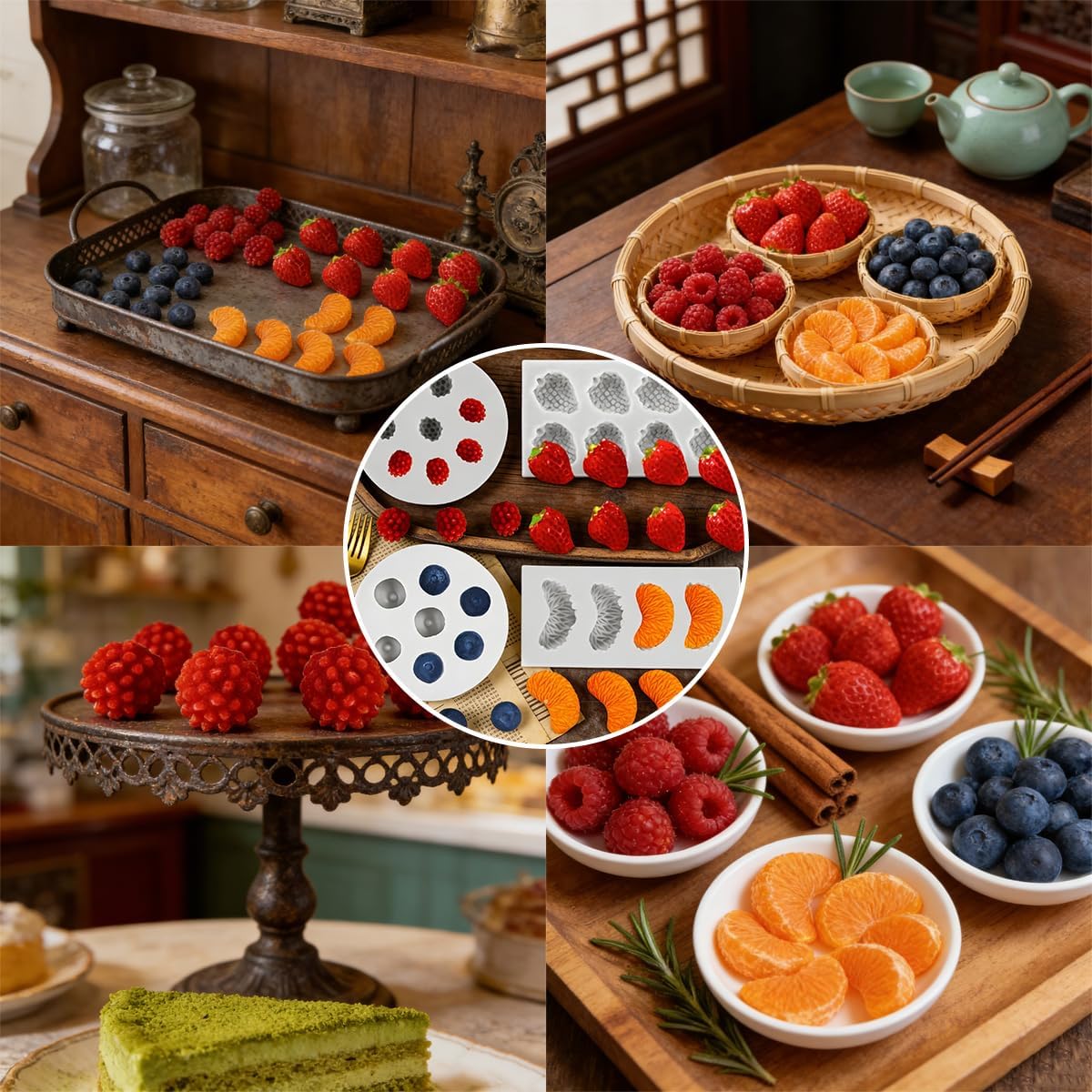 4 PCS Fruit Shaped Silicone Molds - 3D Mini Chocolate & Fruit Jelly Molds Strawberry Orange Blueberry Mulberry Candle Silicone Fruit Mold for Cupcake Decorating, Soap, Chocolate