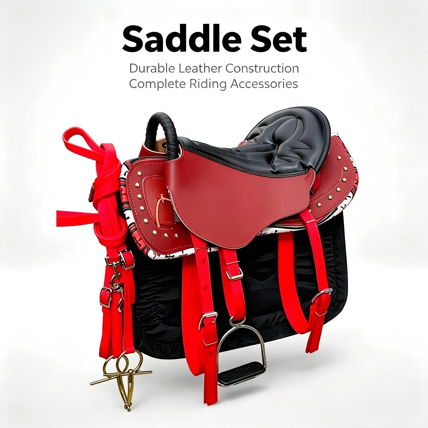NILoykg& Set da 8 Pezzi per Sella per Cavallo, Kit Completo per Sella con staffe, staffe in Cuoio, sottopancia, Sopracciglia, sottosella, redini e Corda di Piombo,Nero