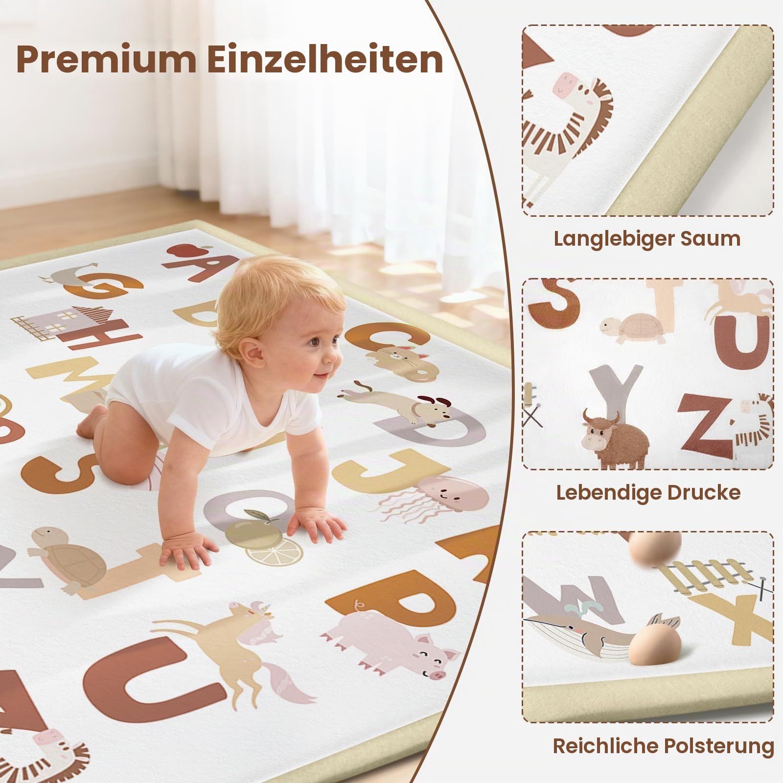 Teppich Krabbelmatte Baby 150x180x3cm, Spielmatte Krabbeldecke Turnmatte Spielteppich für Baby Kinder, für Kinderzimmer mit Hochwertigem Memory Schaum, Rutschfester Unterseite - Alphabet - Alphabet | Hochdichte Schaumstoffmatte · Weicher Plüschteppich mit
