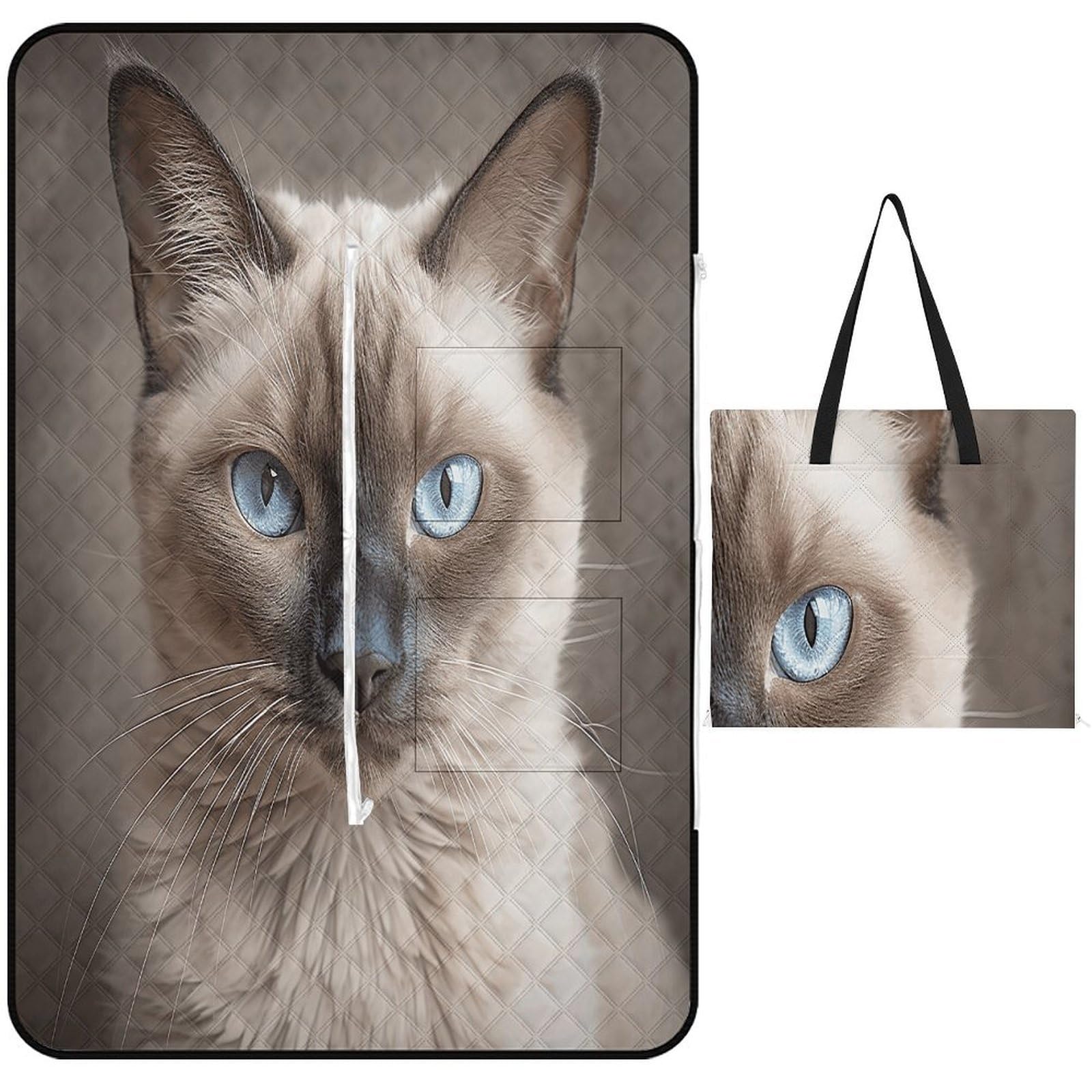 VstaDank Beautiful Siamese Cat Picnic Mat 150x100cm Extra Large Picnic Blanket with Zipper Waterproof Sandproof Beach Blanket Portable Beach Mat Foldable Camping Blankets for Park Grass Lawn Travel
