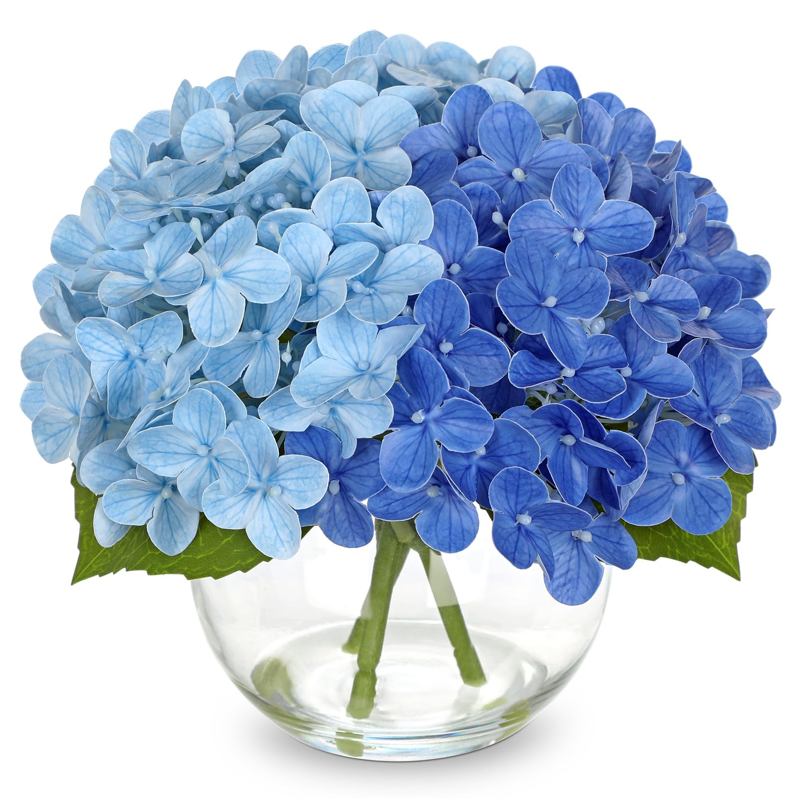 Briful Hydrangea Artificial Flowers in Vase - 7" Real Touch Hydrangea Fake Flowers in Glass Vase with Faux Water - Blue Artificial Flower Arrangement for Wedding Centerpieces Home Decoration