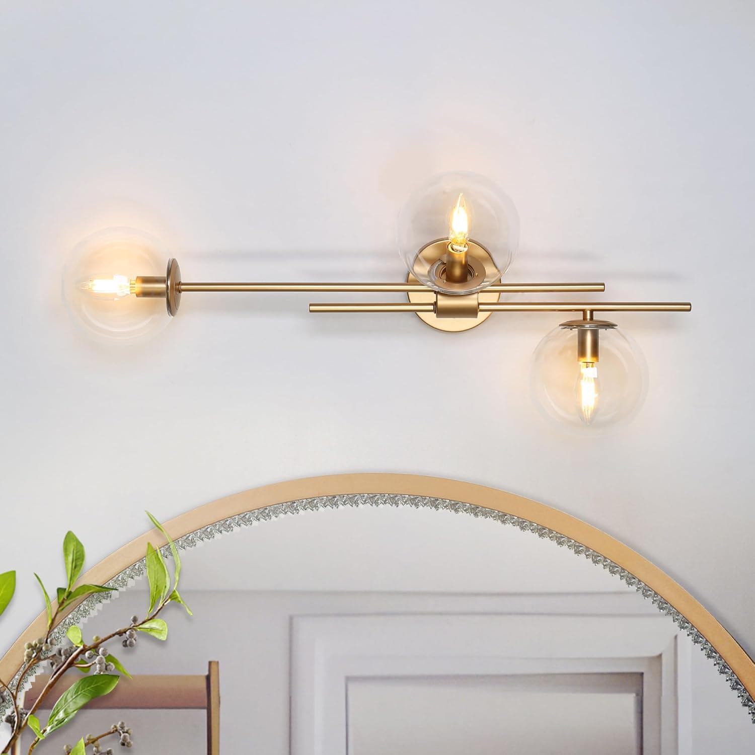 Gold Bathroom Sconces Wall Lighting, Modern Wall Sconce with Globe Clear Glass Shade, 3-Light Vanity Light Fixtures Over or Beside Mirror for Bedroom, Living Room, Kitchen and Hallway
