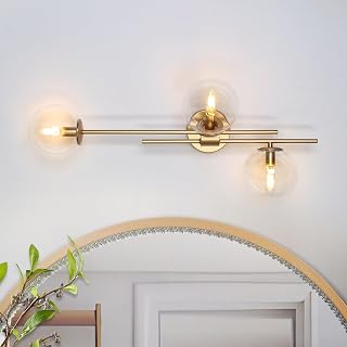 Gold Bathroom Sconces Wall Lighting, Modern Wall Sconce with Globe Clear Glass Shade, 3-Light Vanity Light Fixtures Over or Beside Mirror for Bedroom, Living Room, Kitchen and Hallway