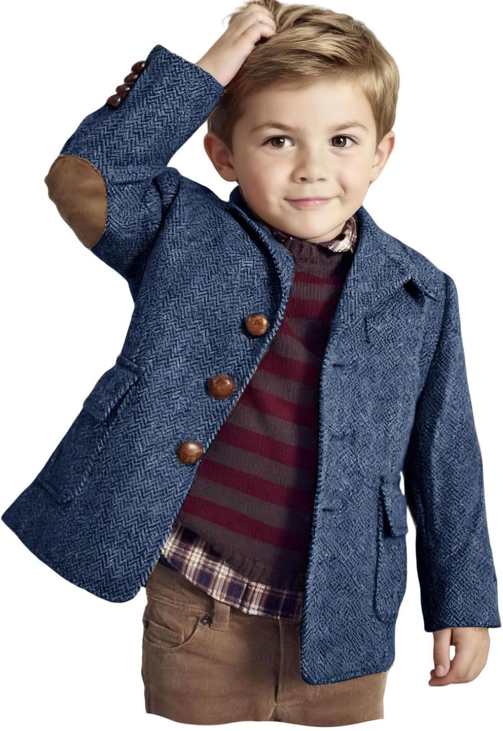 VENNYNG Boys Tweed Blazer Jacket with Elbow Patches Kids Short Trench Coat Vintage Coat