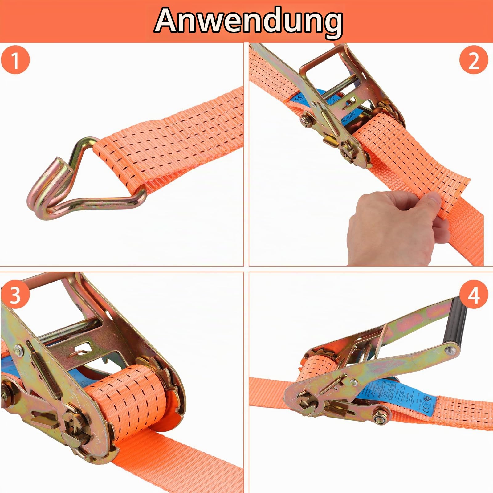 4 Stück Spanngurt 3000 kg Mit Ratsche und Haken, 50mm x 6m, Zurrgurt Orange für Anhänger, Motorrad, Auto, Waren