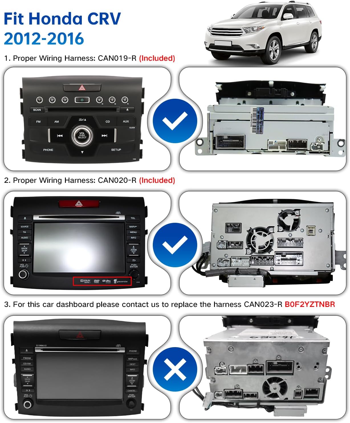Honda CRV 2012-2016 dashboard compatibility with CAN019-R and CAN020-R harnesses
