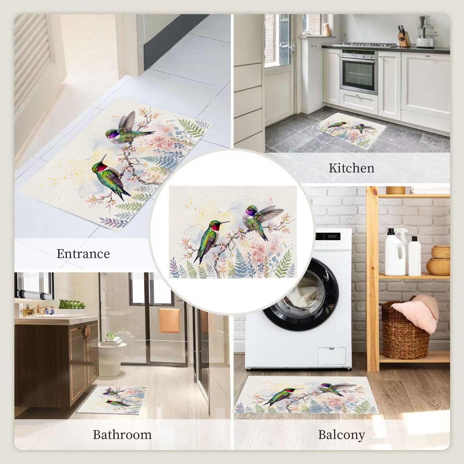 Zerbino Ingresso Interno Animali Ad Acquerello Naturale, Zerbino Di Benvenuto Lavabile Morbida Colibrì Floreale, Antiscivolo Tappeto Da Decorazioni Beige Per Casa Porta, 90X150Cm