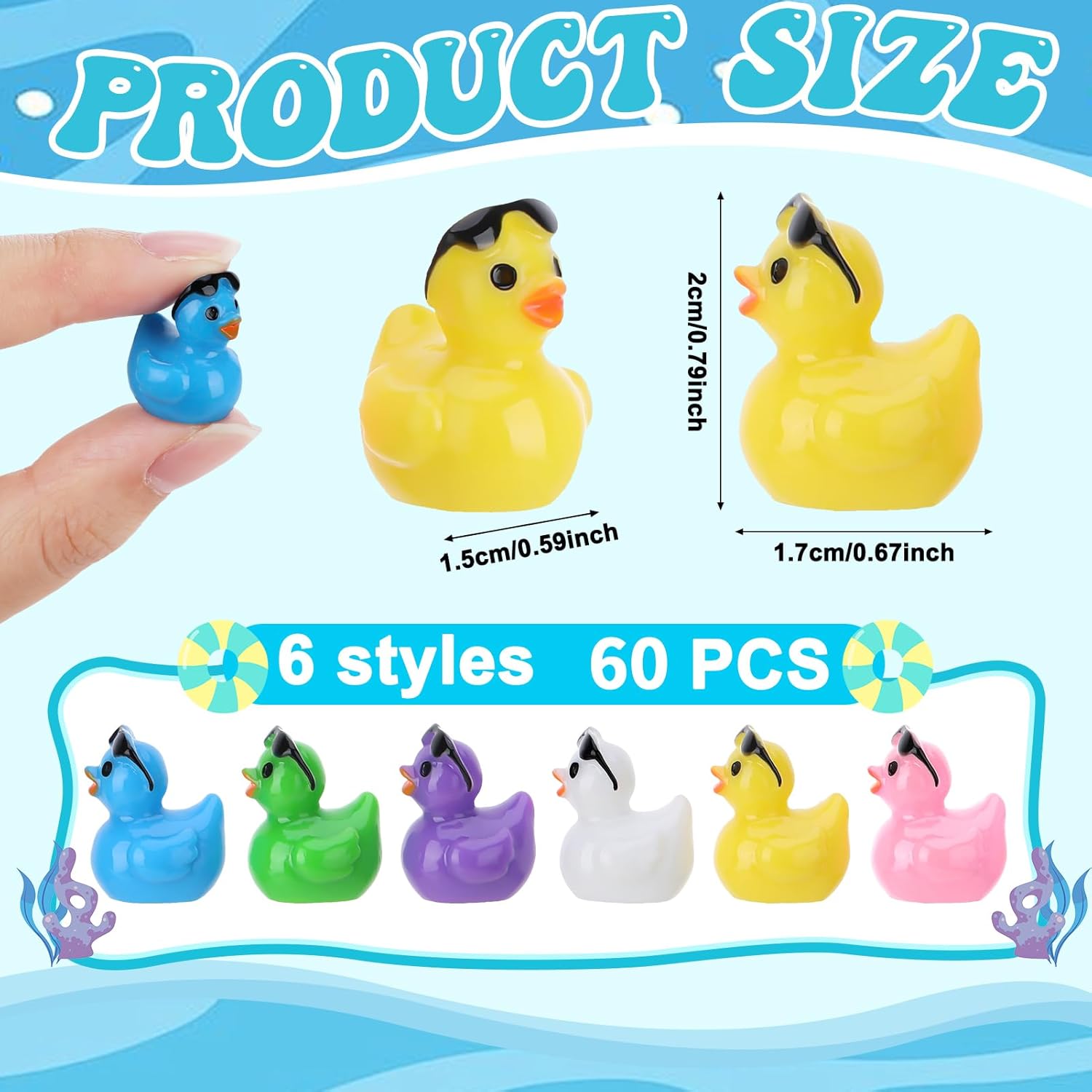 Condition photo showing New/Like New for GGSTDDUP 60 Pcs Mini Resin Ducks with Sunglasses,Mini Duck Figurines Tiny Resin Ducks for Kids Baby Shower DIY Cake Decoration Ornaments Crafts Moss Landscape