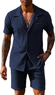 URRU Mens Short Sets 2 Piece Outfits Summer Beach Terry Short Sleeve Button Down Shirt and Shorts Set