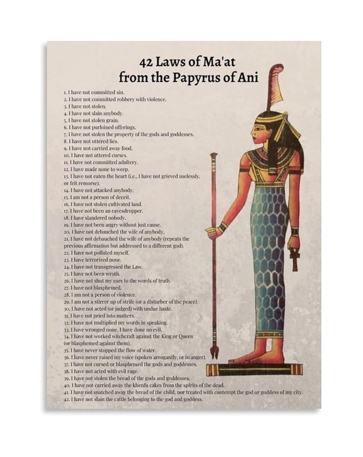 SSOPTMCB Kemetic Spirituality Poster: 42 Laws of Maat - Ancient Egyptian Philosophy Canvas Wall-Art for Living Room Office(Framed,08x12inch(20x30cm))