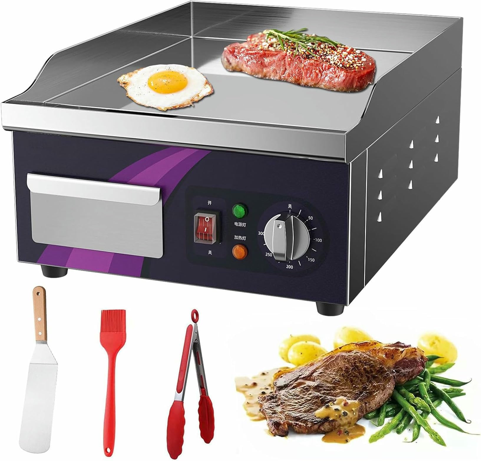 FHRKA Commercial Electric Griddle 14", 2000W Flat Top Countertop Griddle, Non-Stick Chrome Plating Iron Cooking Plate for Restaurant