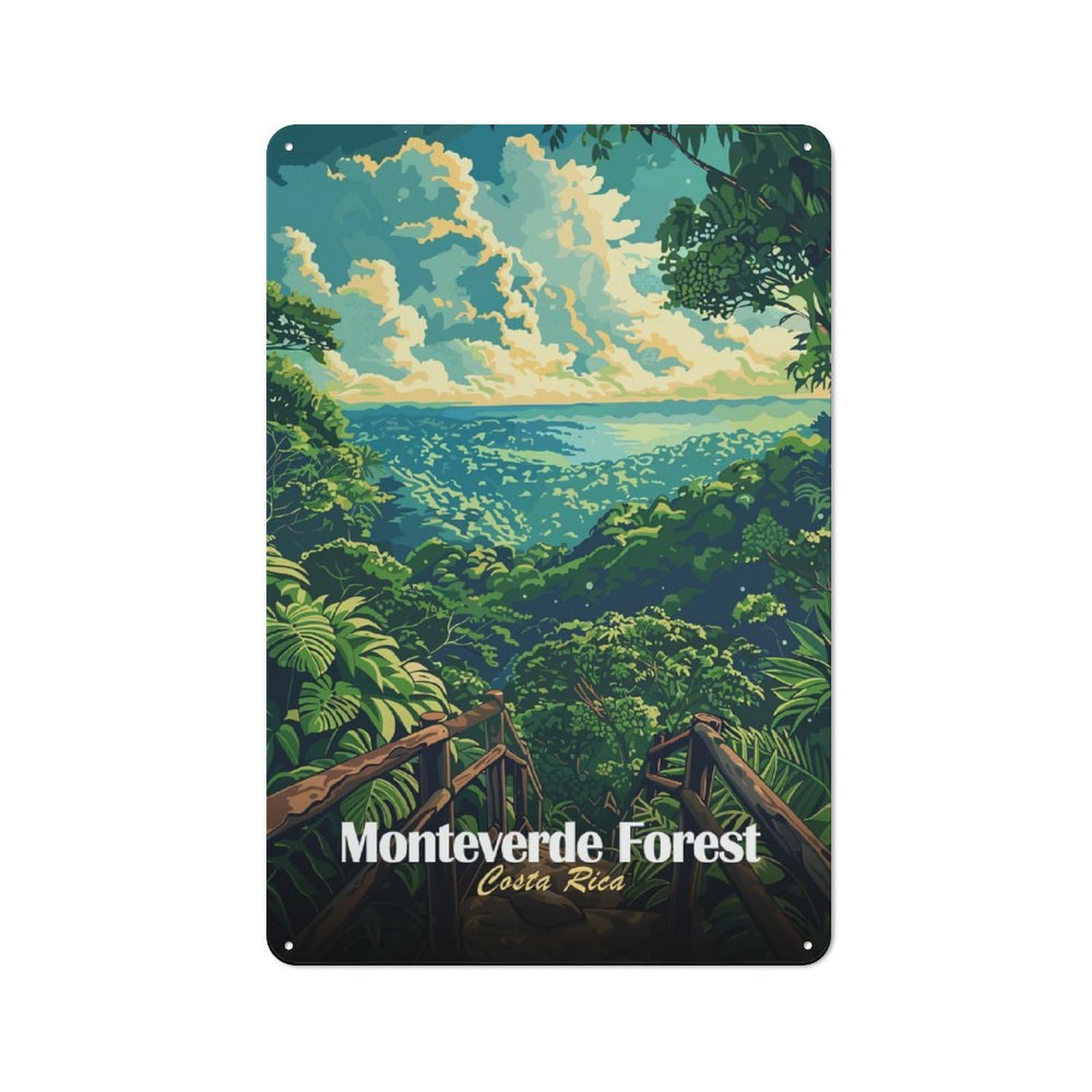 Junmoney Style-21 Monteverde Forest Costa Rica Illustration Tin Wall Sign 30X20cm, Loft Style Industrial Wall Decor For Loft, Studio, Office Or Creative Room