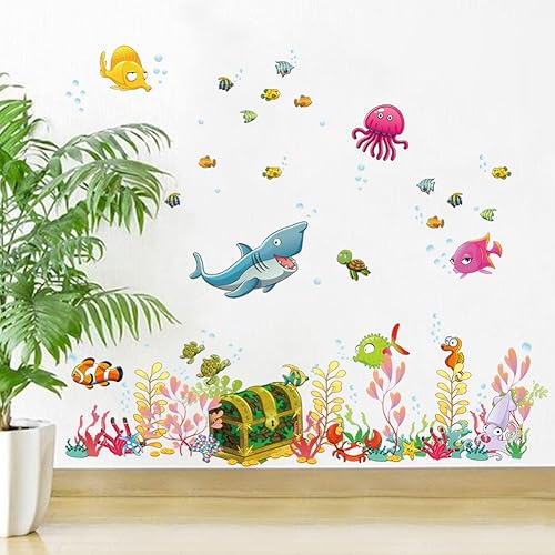Miniatura 3 de Calcomanías de pared de fondos marinos, tiburones, peces, medusas, algas, despegar y pegar bajo el mar, animales salvajes, decoración de pared para
