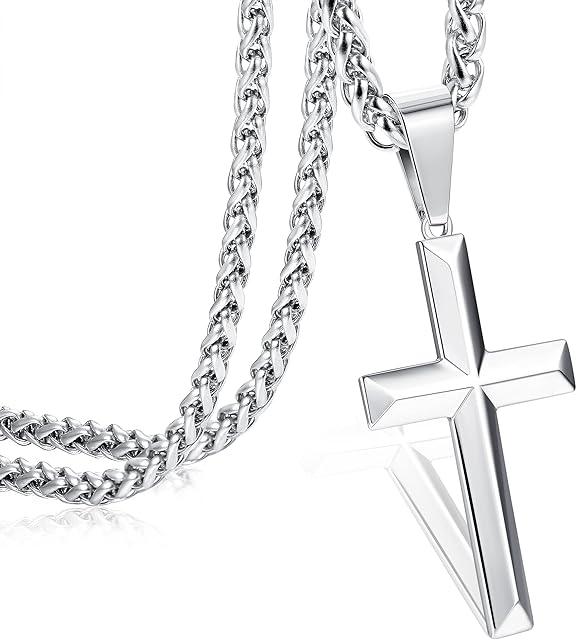 Morfetto 925 Sterling Silver Cross Necklace for Men Women 3MM Stainless Steel Strong Durable Wheat Chain Beveled Edge Crucifix Pendant Necklace Jewelry 16-30 Inches