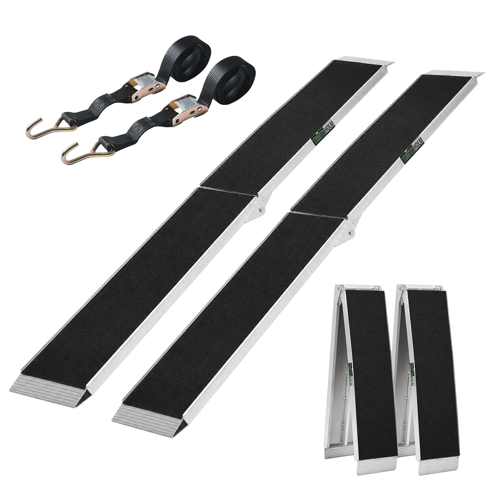 TRUTZHOLM 2X Auffahrrampe klappbar Länge 228 cm 340 kg Traglast je Stück 680 kg Gesamttraglast Aluminium Friktionsbeschichtung Anti Rutsch E-Bike-Rampe Fahrradrampe Motorradrampe inkl. 2X Spanngurt