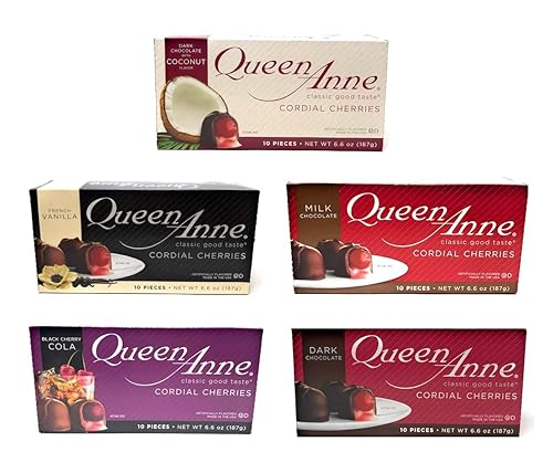 Queen Anne - Muestra variada de cerezas cordiales cubiertas de chocolate 5 sabores coco cola de cereza negra chocolate con leche chocolate negro y
