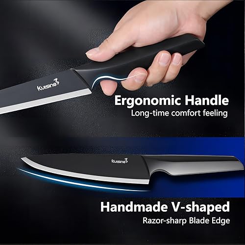 Miniatura 5 de Kuisine Juego de cuchillos de cocina de una sola pieza, 15 piezas, acero inoxidable alemán de alto carbono ultra afilado, mango ergonómico de acero