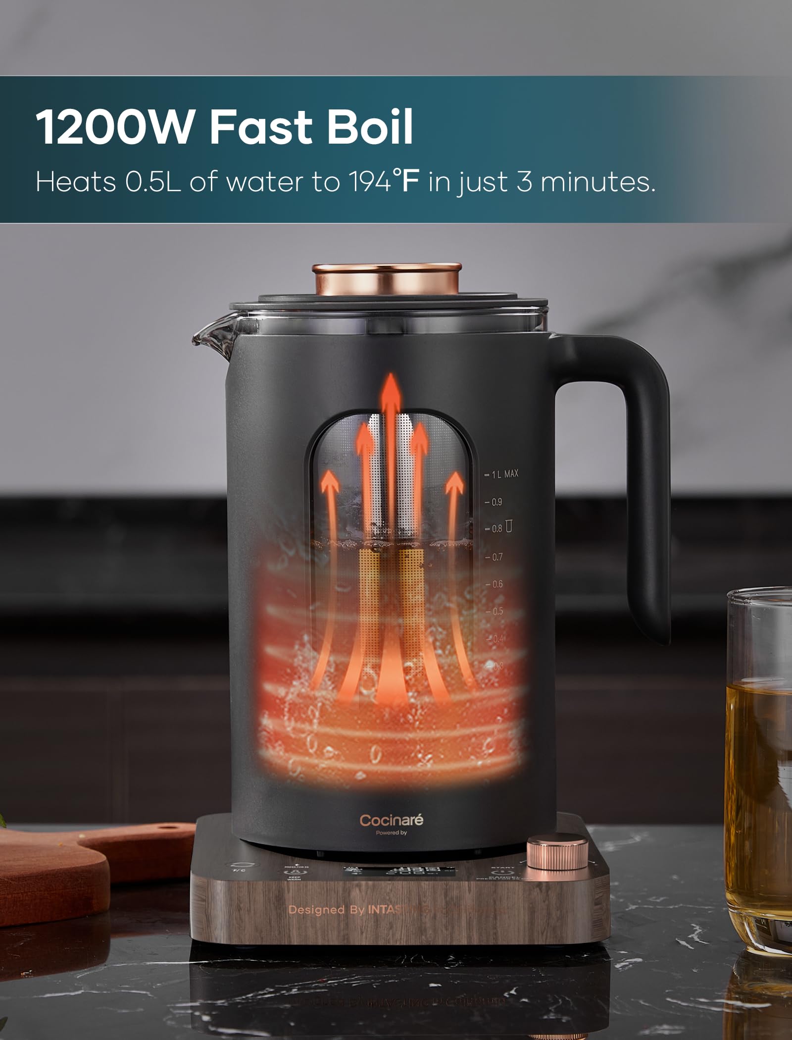 INTASTING Electric Kettle, Electric Tea Kettle with Infuser, 1 Liter | ±1℉ Temperature Control, 1200W Fast Heating, BPA-Free Glass, Easy to Clean, Keep-warm, Auto shut-off, Wood