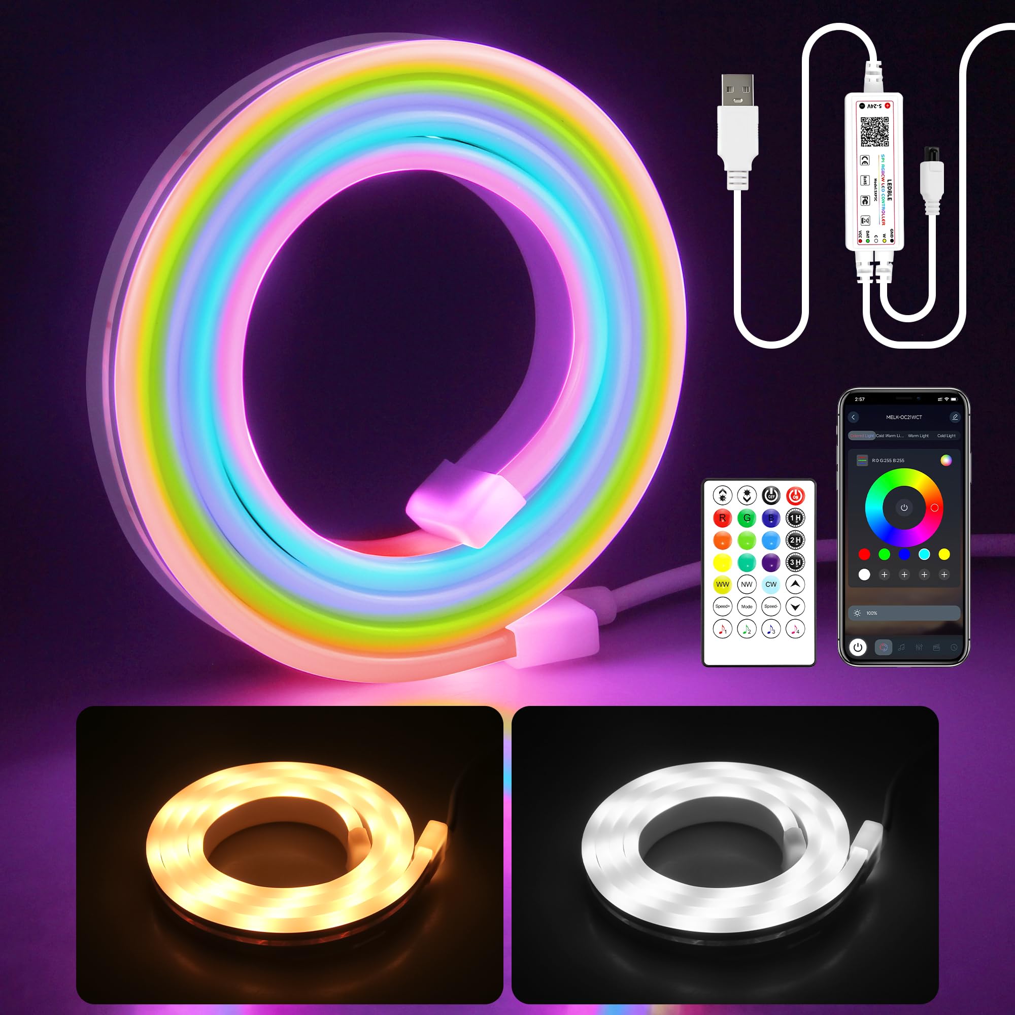 Aclorol RGB IC CCT Neon LED Strip 1M 5V Individually Addressable LED Strip with Remote APP Control Dimmable Smart Flexible Rope Lights with Adhesive for Bedroom Gaming Room Wall Decor TV Backlight