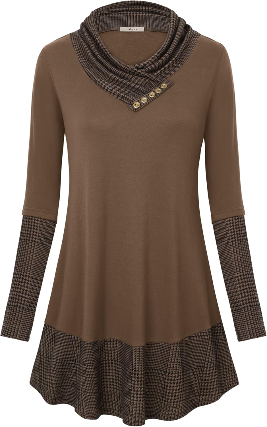Bebonnie Cowl Neck Tunics Long Sleeve Patchwork Form Fitting Casual A-Line Top Blouse - Image 4