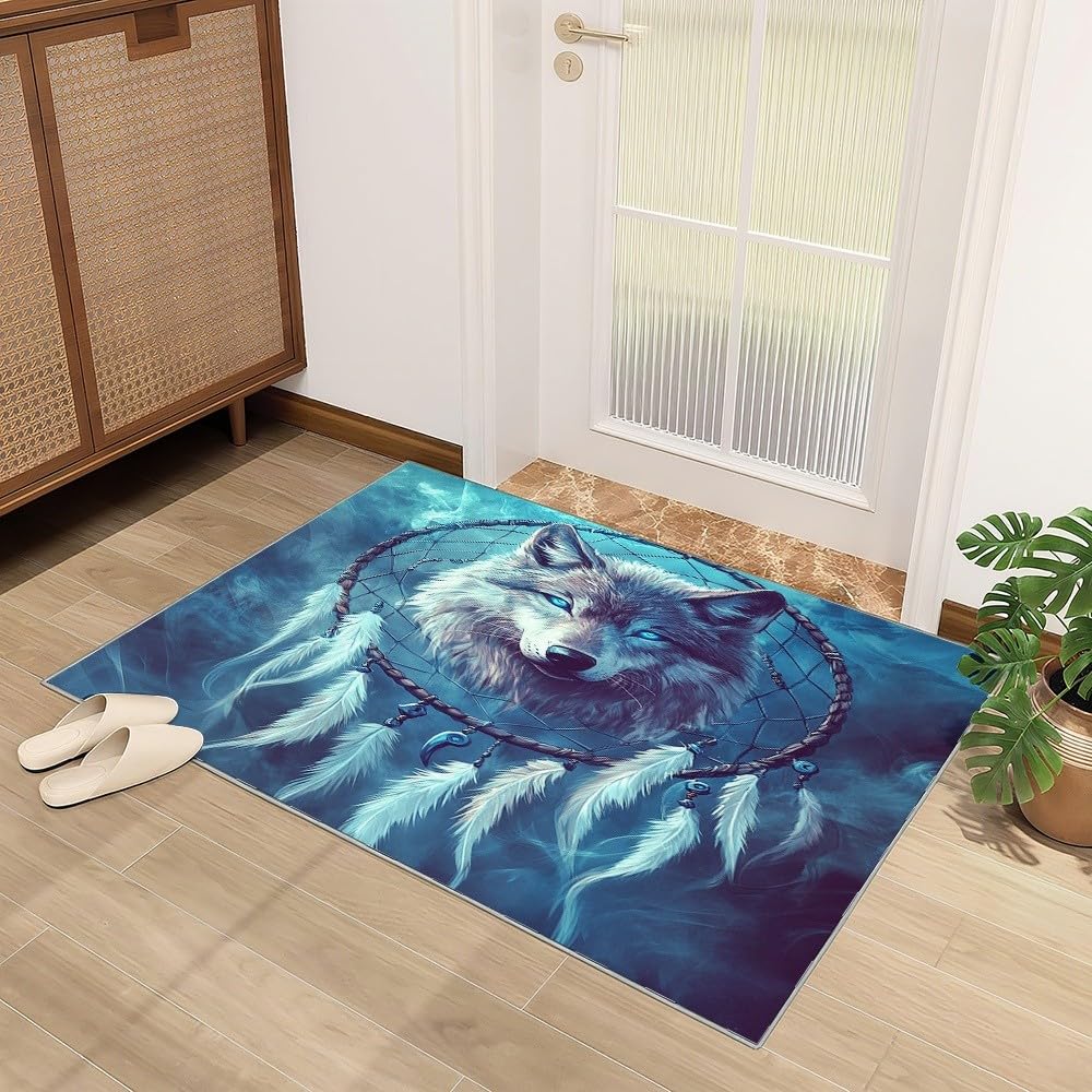 Generisch Teppich rutschfeste für Wohnzimmer Kinderzimmer, TraumfäNger Mit Wolfskopf Dekorteppich für Spielzimmer Esszimmer - Blau Kurzflor Flanell Teppiche Pflegeleicht Waschbare 80x150 cm