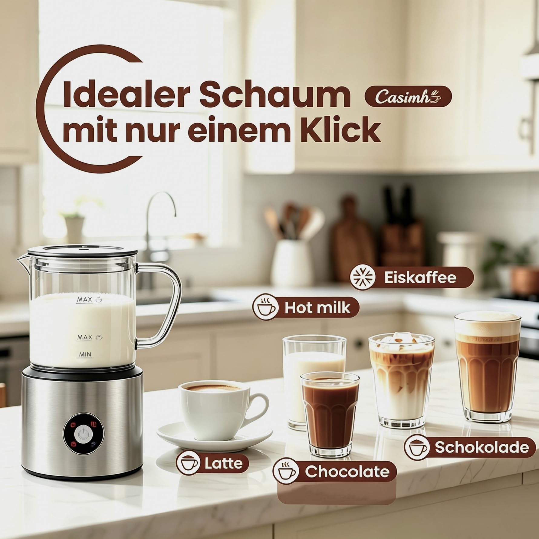Milchaufschäumer Elektrisch 4 in 1, Milchschäumer Induktion 500ml Kalt Warm, Automatische, Spülmaschinenfest, Abnehmbar Visuelles Glas für Kaffee und Latte