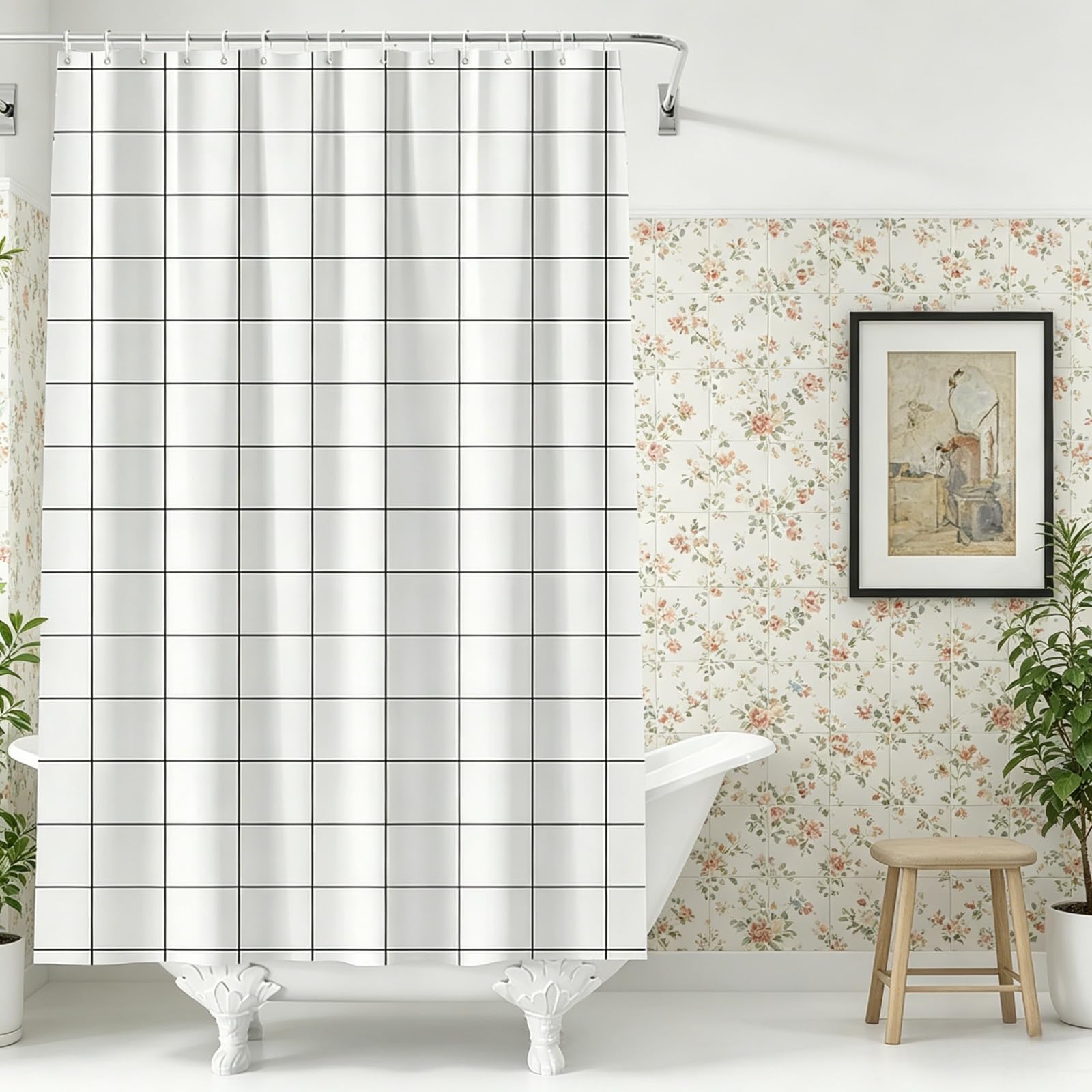Cortina de Baño 200 x 180 cm Impermeable Antimoho Cortinas de Baño Poliester Lavable con 12 Ganchos para Ducha, Bañera, en Blanco y Negro