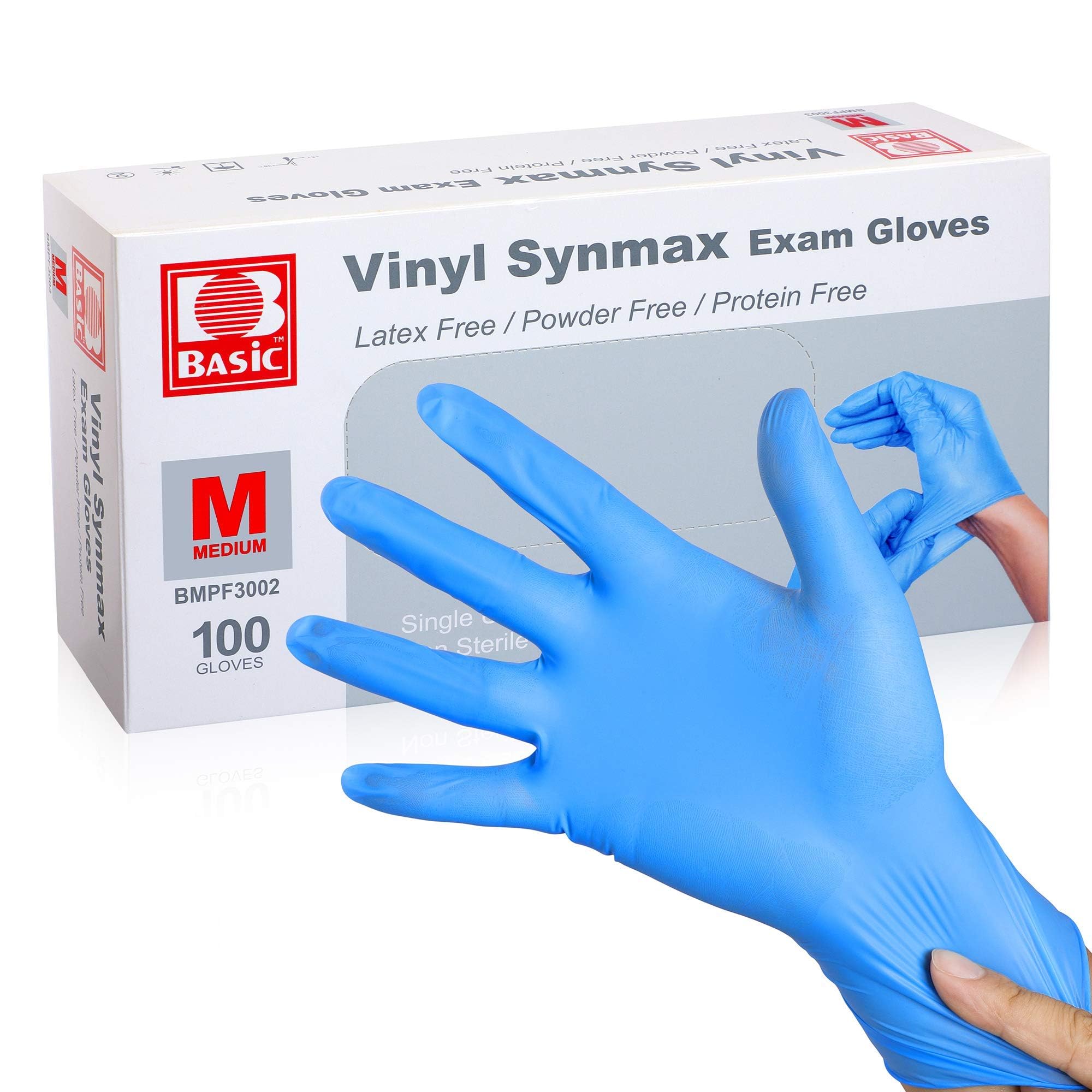 Synthetic Vinyl Exam Gloves - Latex-Free & Powder-Free - Medium, BMPF-3002(Box of 100) Blue