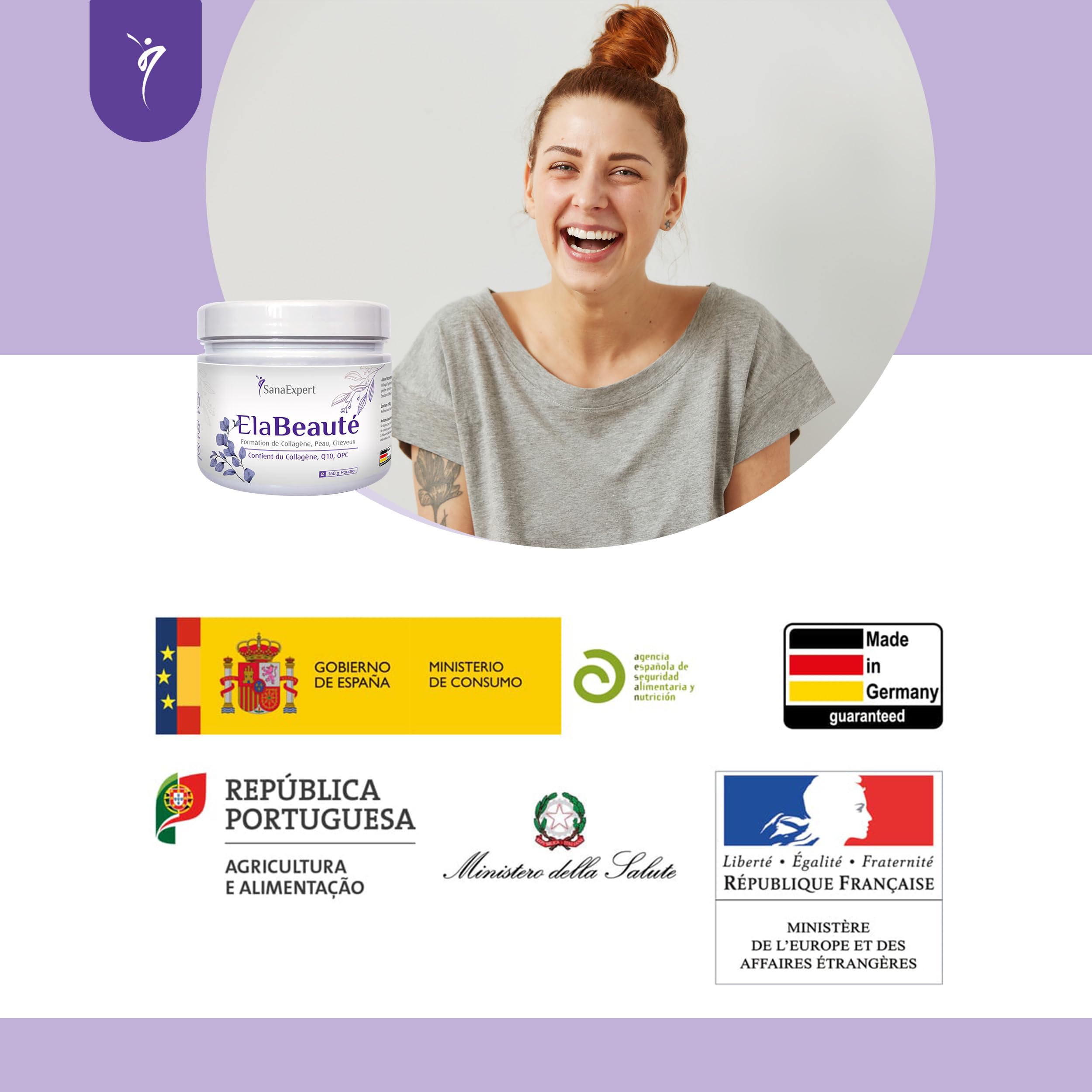 SanaExpert ElaBeauté | Collagène pour la Beauté de la Peau avec Q10, OPC, Biotine, Zinc et Vitamines | 150 Grammes | Ingrédients 100% Naturels | Fabriqué en Allemagne