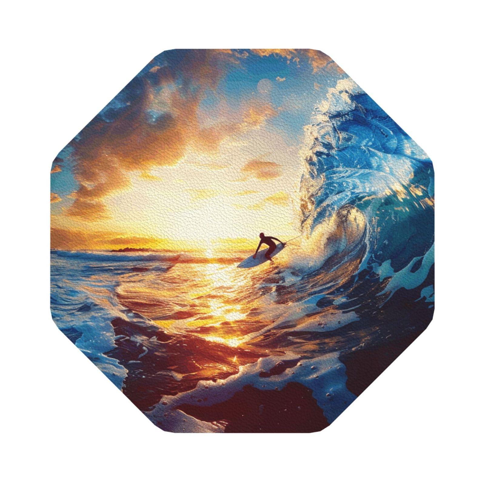 Sunset Sea Surfing Seascape Print Leather Coaster Set of 6, Octagon Coasters Table Decorative Coffee Cup Beverage Coasters Wine Beer Bar Coasters for Hot Drinks Table Protection